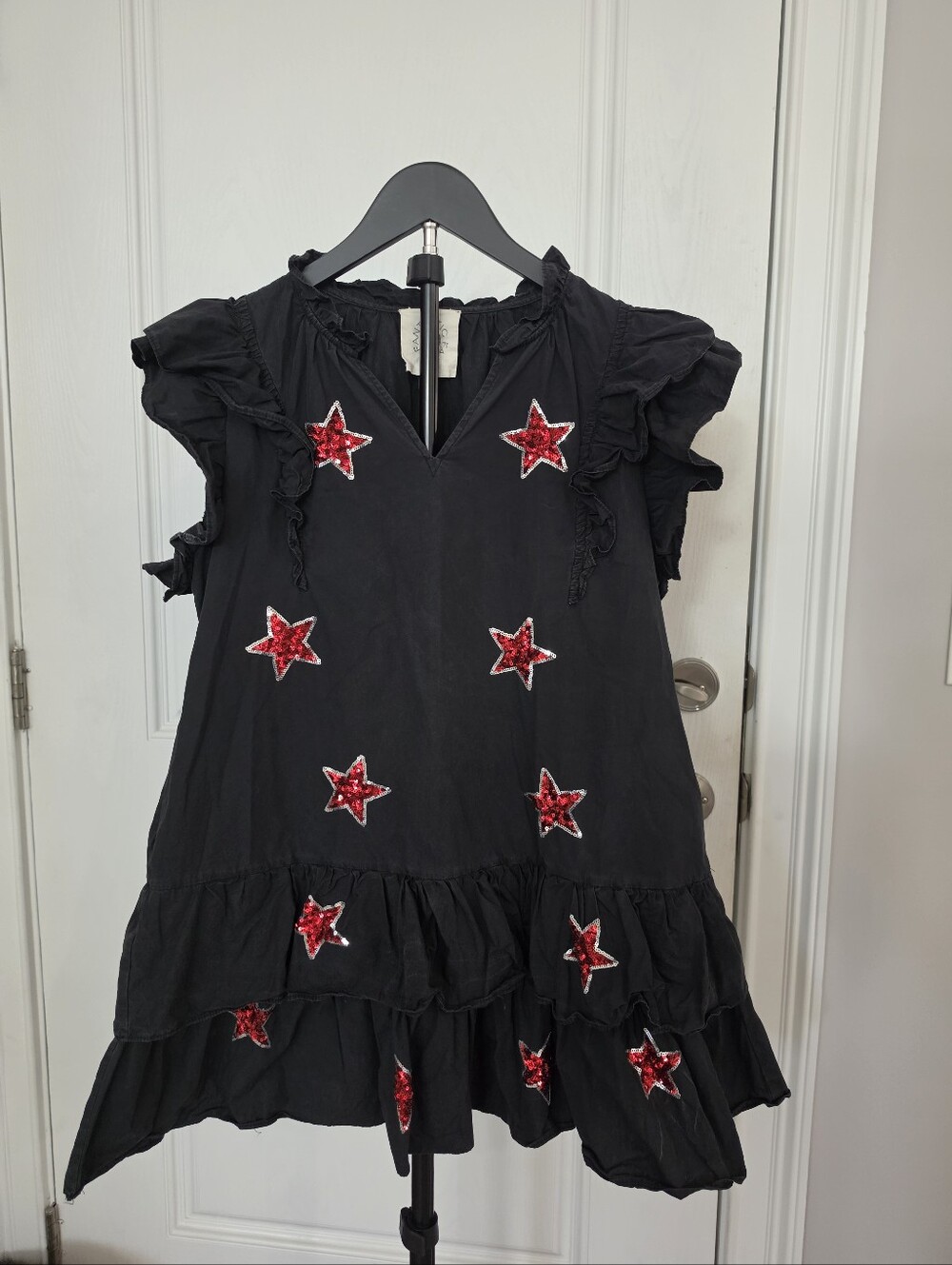 Fantastic Fawn Black Dress with Red Sequin Stars, Size Small
